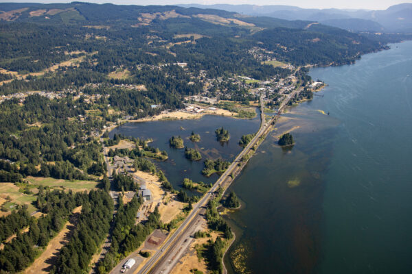 Aerial view of Stevenson, Washington in Skamania County