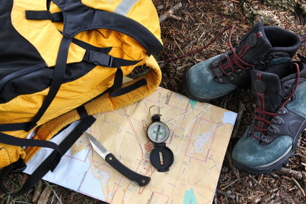 Map and backpack for exploring Skamania County, Washington 