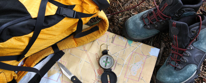 Map and backpack for exploring Skamania County, Washington