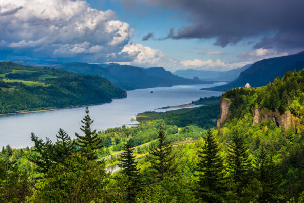 Looking down the Columbia River Gorge to Skamania County and Beacon Rock